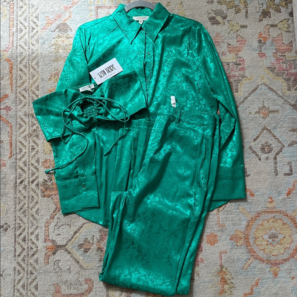 12th Tribe Emerald Satin Top 3 piece set